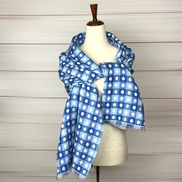 NWT TALBOTS Wool Blend Blue White Polka Dot Check Fringe Trim Wrap Scarf - Picture 3 of 11